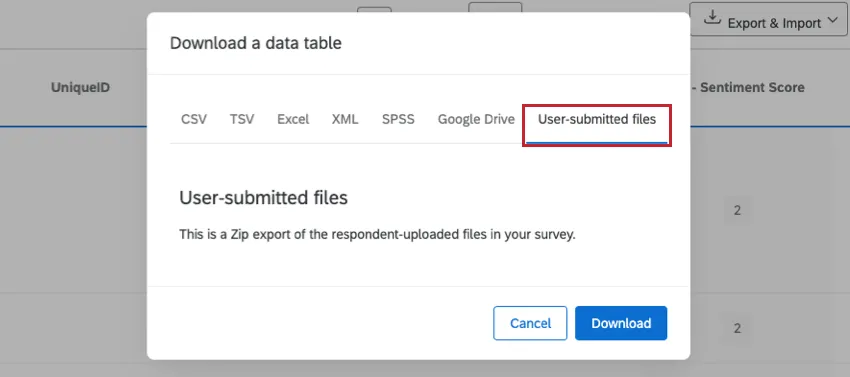 image de la fenêtre dexportation des données. Loption dexportation Export User Submitted Files est sélectionnée