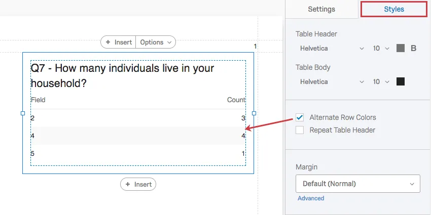 Styles tab. Arrow shows what the alternating row permission affects on the table