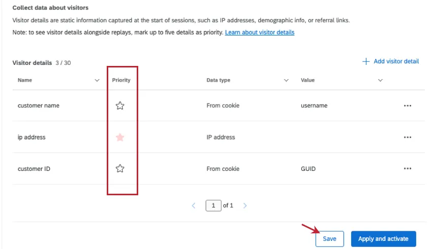 priority column next to each visitor detail has a star you can click