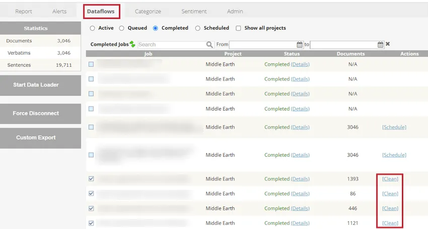 Daten zusammen mit strukturierten Attributen bereinigen, die während einer bestimmten Upload-Sitzung auf der Registerkarte Datenflüsse hochgeladen wurden