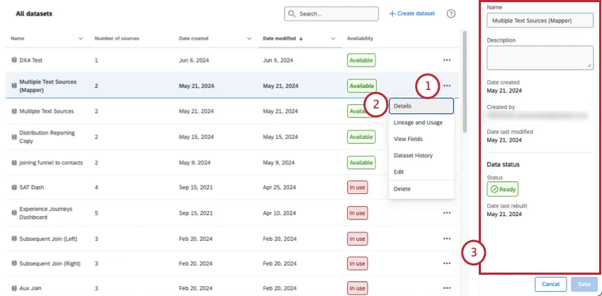 Apertura de detalles del conjunto de datos