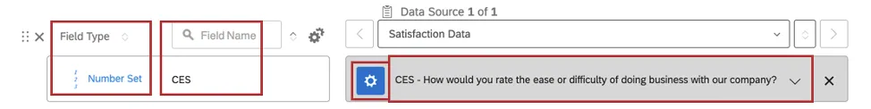 Fields looks like rectangles with segments. From the left to the right: a field type column, a name, a blue gear button for recoding, and a gray dropdown for mapping
