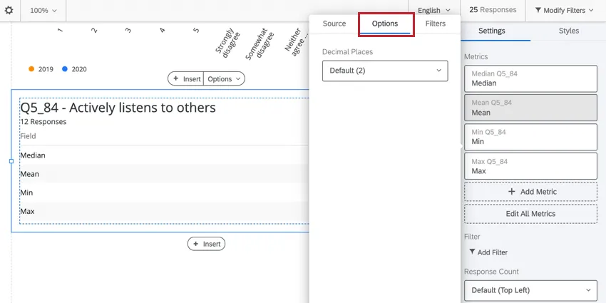 longlet des options dune métrique pour déterminer le nombre de décimales