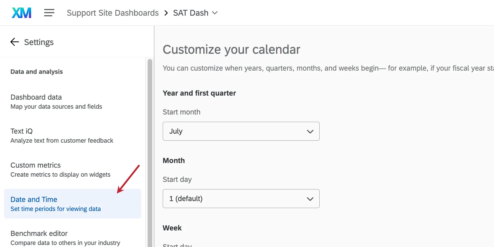 In Dashboard wird angezeigt, wo sich Datum und Uhrzeit im Menü auf der linken Seite befinden