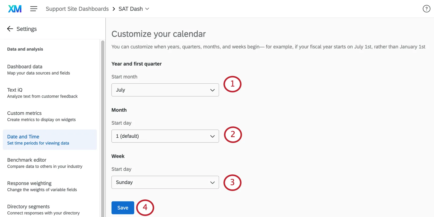 Campos numerados en la parte de personalización de su calendario de la configuración del Tablero