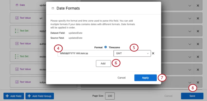 clicando em add para adicionar formatos adicionais e, em seguida, clicando em aplicar quando terminar. Depois, clique em salvar para salvar as alterações.