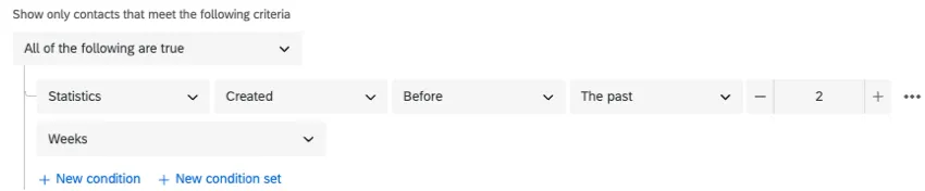 Screenshot shows a condition that says show only contacts that meet the following criteria: created before the past 2 weeks