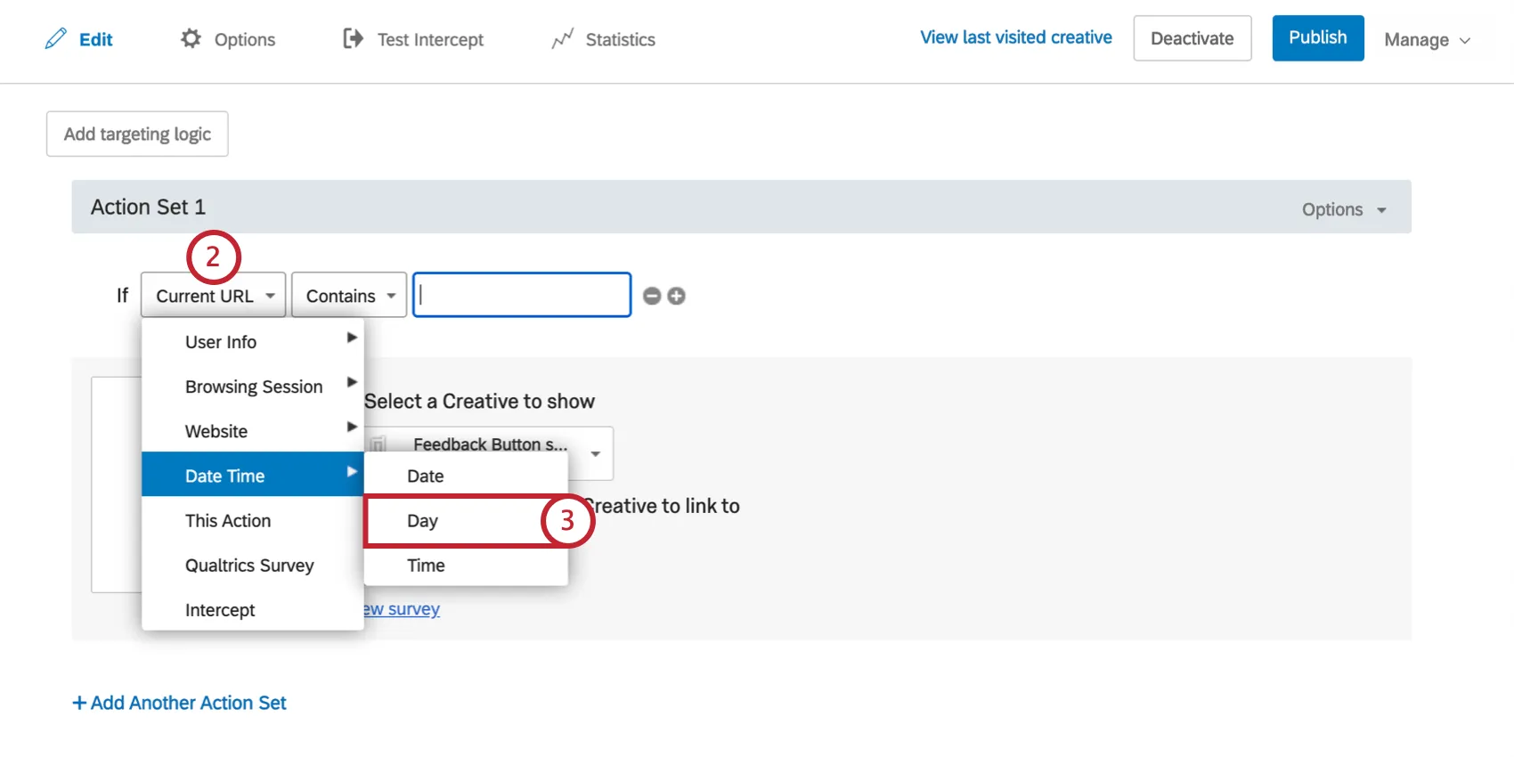 Dropdown für erstes Feld, Datum/Uhrzeit ist hervorgehoben, Tag ist ausgewählt