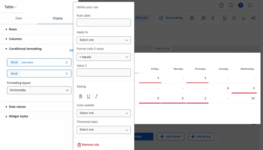 Ensemble de conditions de mise en forme dans un widget de tableau