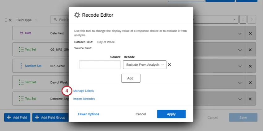 Il pulsante Manager labels appare dopo aver selezionato altre opzioni