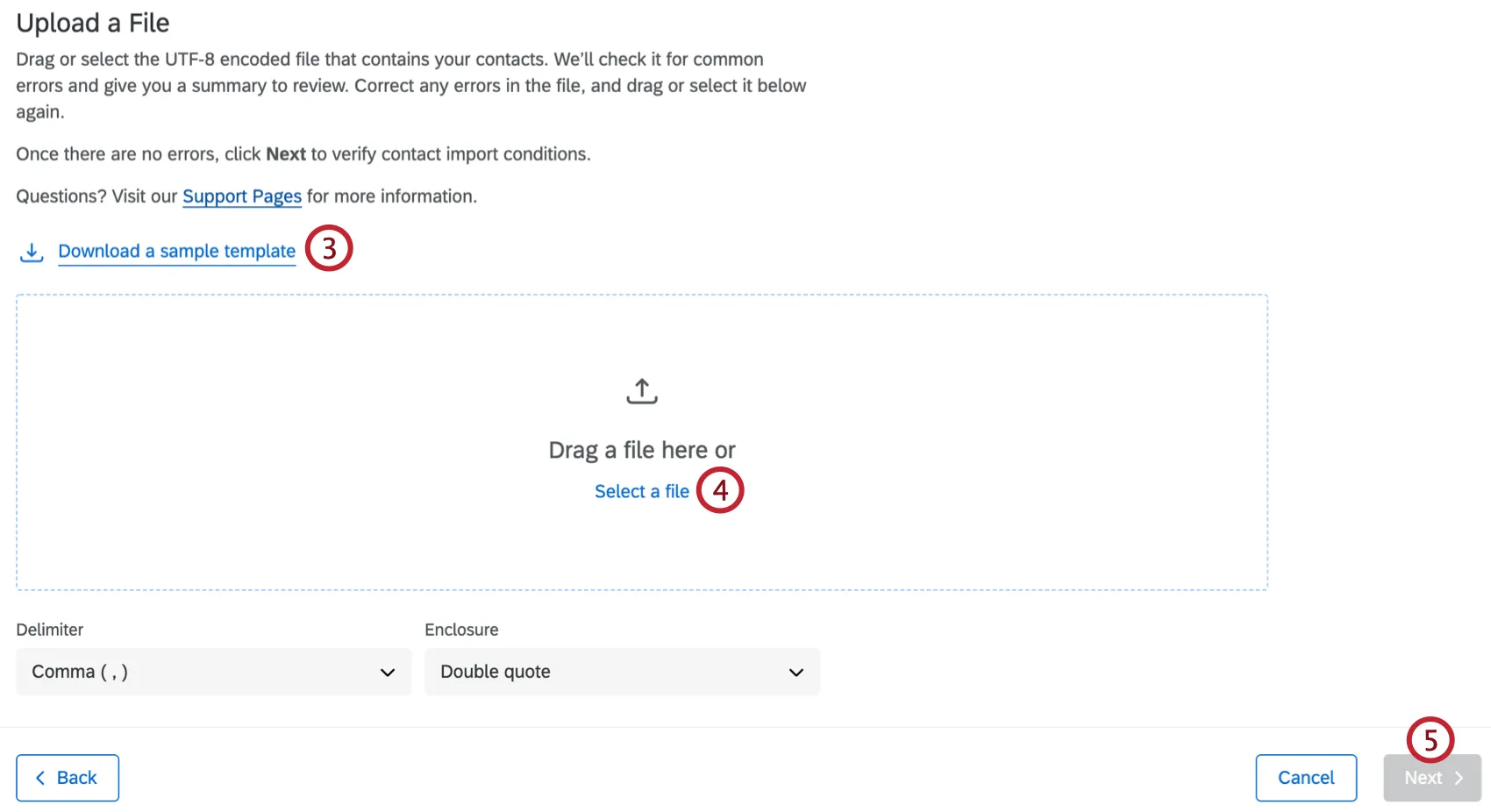 Se abre una nueva ventana: un pequeño texto que enlaza a un doc de ejemplo y luego un cuadro grande donde puede arrastrar y soltar archivos o hacer clic para buscar.