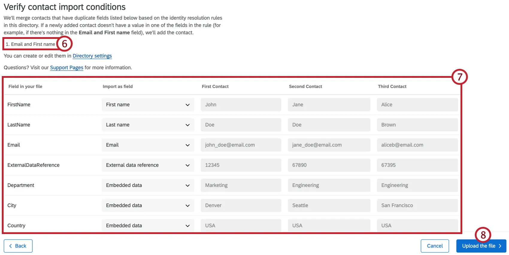 verifying import conditions and preview of fields in file