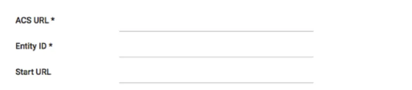 Capture d’écran G-Suit montrant les champs URL du service consommateur d’assertions, Identifiant de l’entité et URL de départ