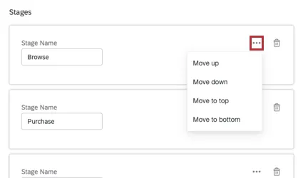 Three dots on the right side of the stage open a dropdown menu with move options