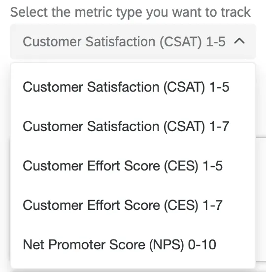 Auswahl eines Metriktyps zur Nachverfolgung Ihrer Journey; Auswahlmöglichkeiten sind Kundenzufriedenheit, Kundenaufwands-Score und Net Promoter Score