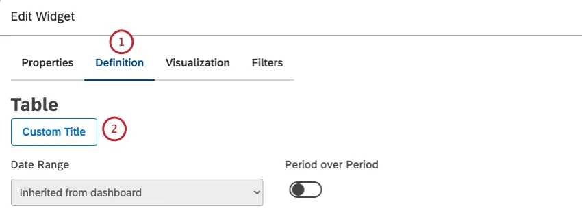 Select the Definition tab. To enter your own widget title, click Custom Title