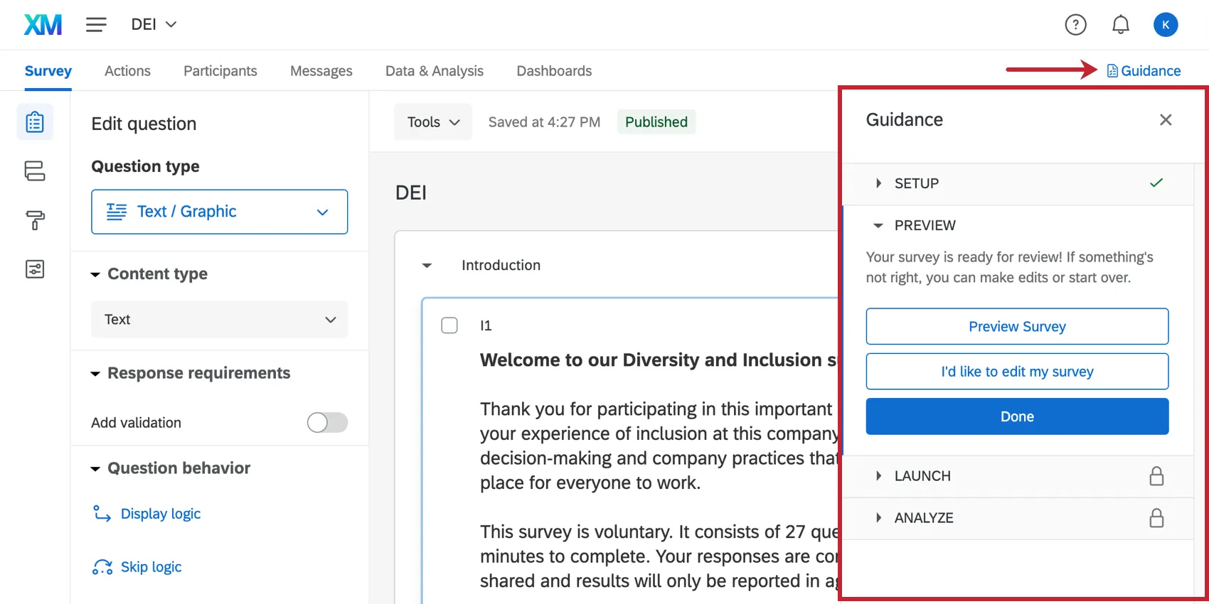 Guidance panel that opens on the right side of every page of the DEI project
