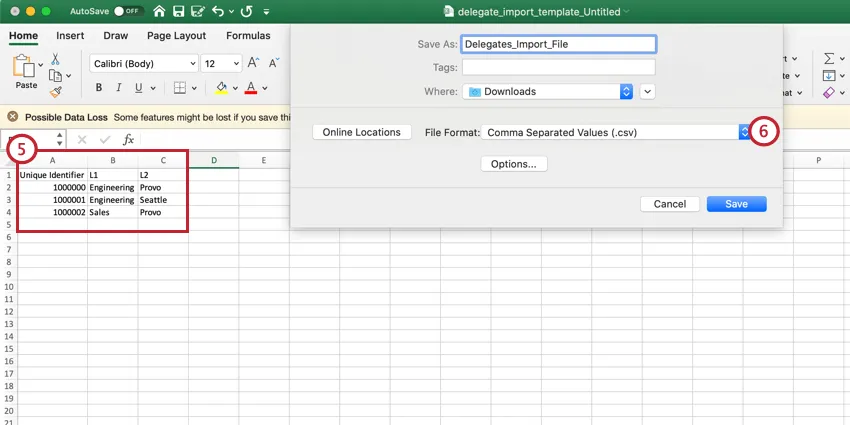 aggiungere i campi per i delegati nel nostro file e salvare come CSV