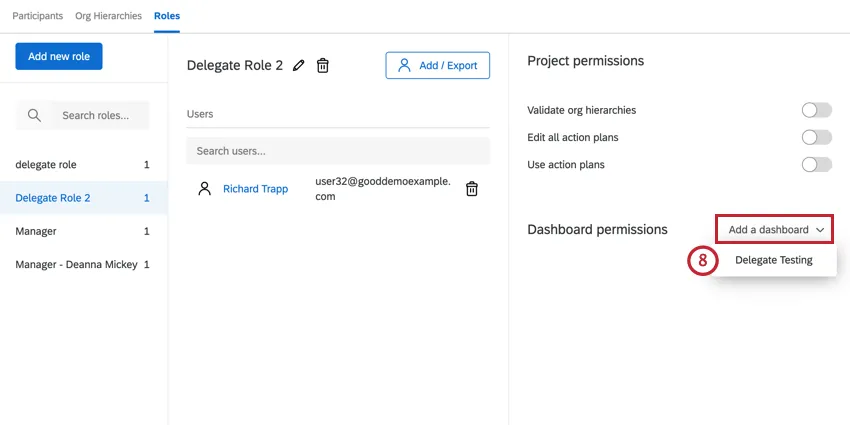 na seção de funções, clique em adicionar um dashboard e selecione o dashboard a ser adicionado