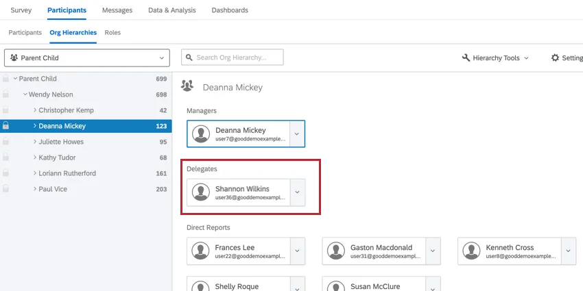 in the org hierarchy view, a delegate is visible