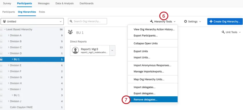 in the org hierarchies section, clicking hierarchy tools and then remove delegates
