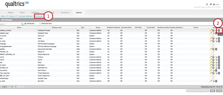 In the attributes tab, clicking delete