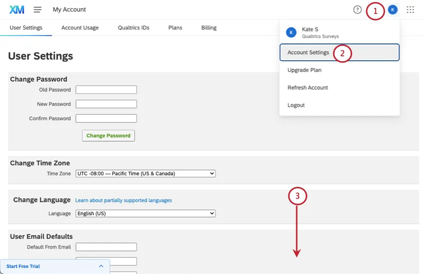página de configurações da conta aberta para configurações do usuário
