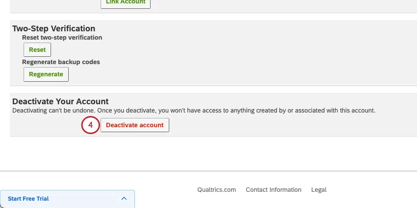 ページの一番下にある "deactivate your account"（アカウントの停止）というセクションに、大きな赤い "deactivate account"（アカウントの停止）ボタンがあります。