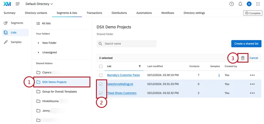 scegliere le liste e fare clic sullicona del cestino