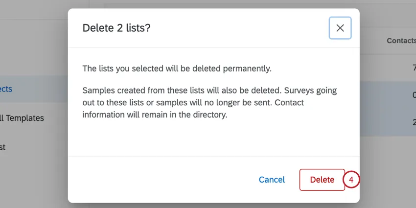 clicking delete in the popup window