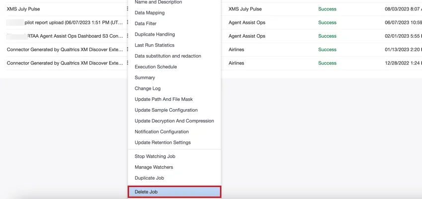 choosing delete job in the job options menu