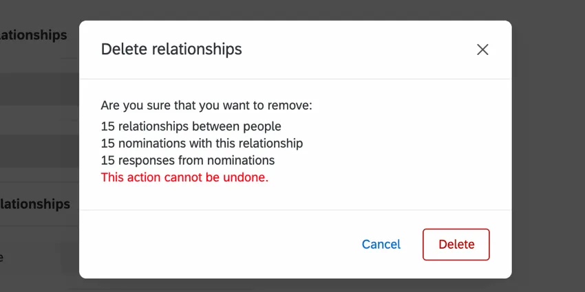 the confirmation window when deleting a relationship with participants