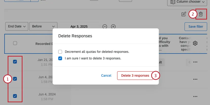 Eliminar respuestas en la pestaña de datos y análisis