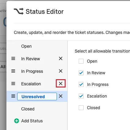 X icon next to status