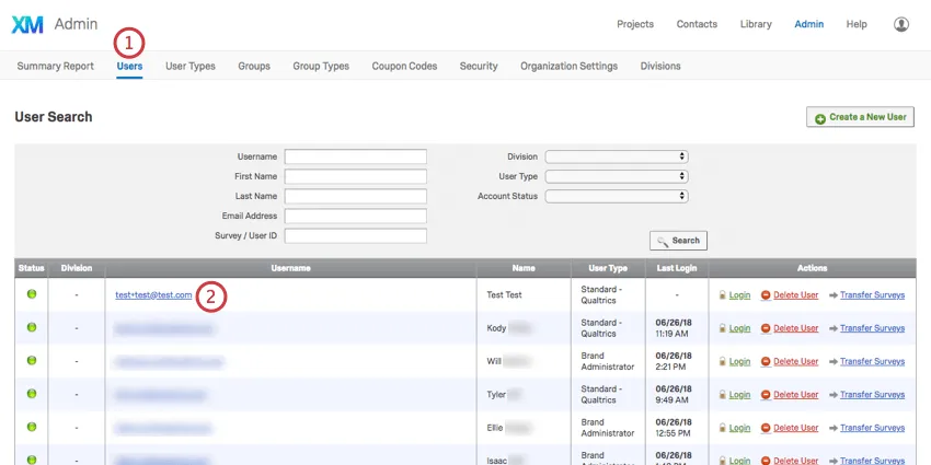 Users tab of admin section with users listed along bottom