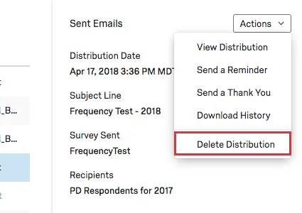 Image illustrant comment supprimer la distribution dans le menu Actions