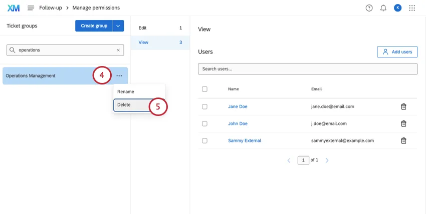 selecting the delete option for a group