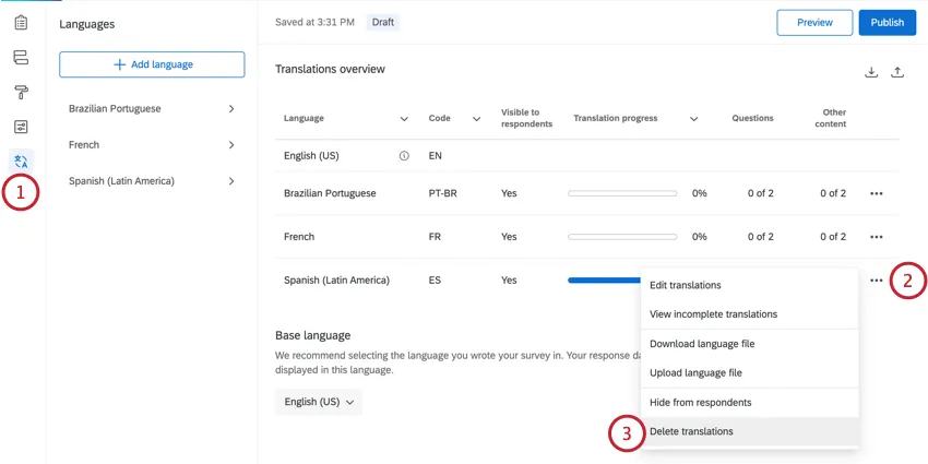 Seleccionar un idioma y hacer clic en eliminar traducción