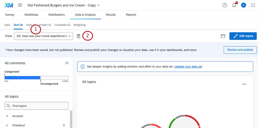 Text iQ is open. Field selector in upper-left. Trashcan icon next to it