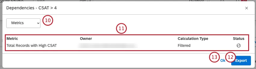 Um zu sehen, welche Metriken diesen Filter verwenden, wählen Sie Metriken aus dem Menü aus. Für jede Kennzahl, die diese Hierarchie verwendet, werden die folgenden Informationen angezeigt: Metrik, Verantwortlicher, Berechnungstyp und Status. Klicken Sie auf Exportieren, um alle Abhängigkeiten der Hierarchie nach Excel zu exportieren. Klicken Sie auf OK, um das Fenster Abhängigkeiten zu schließen.