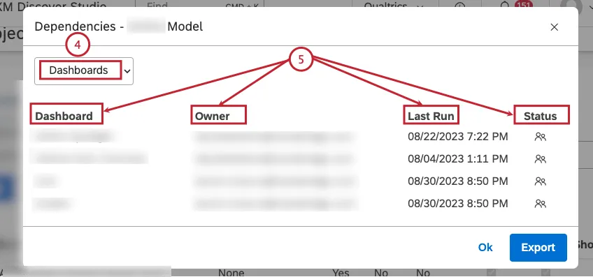 In the Dependencies window, select Dashboards from the menu to see which dashboards use this attribute or category model. For each dashboard that uses this attribute or category model, the following information is displayed: Dashboard, Owner, Last Run and Status.