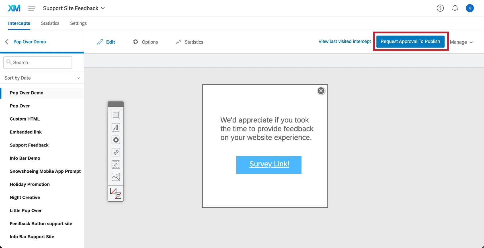 Request Approval to Publish button at the top right corner of a creative
