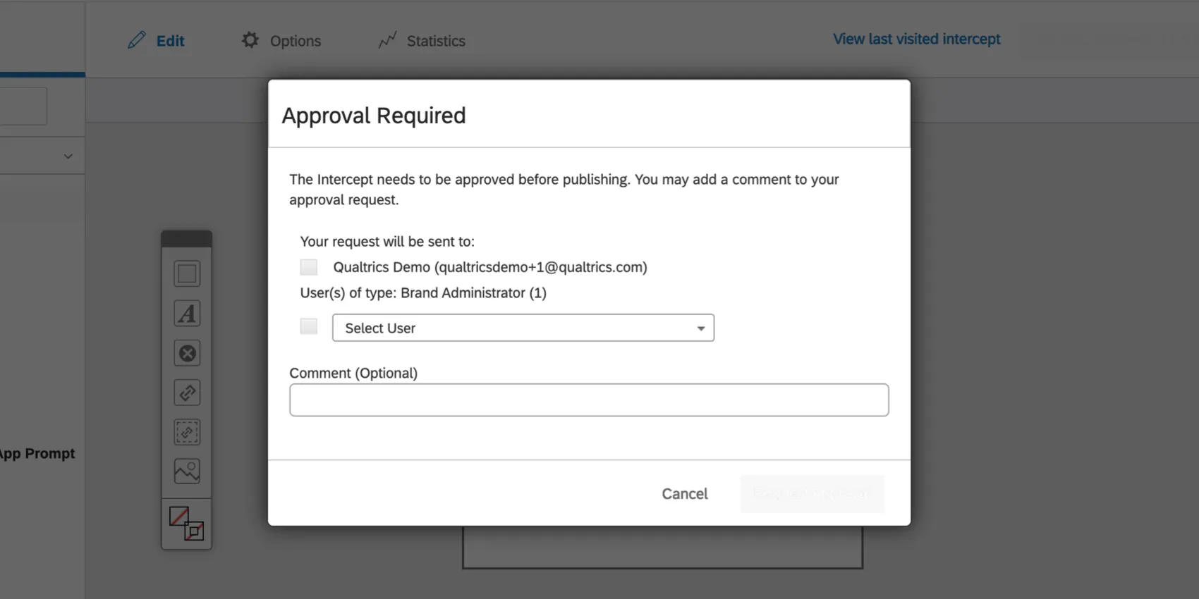 Janela Approval Required (Aprovação necessária); o usuário deve solicitar aprovação para publicar