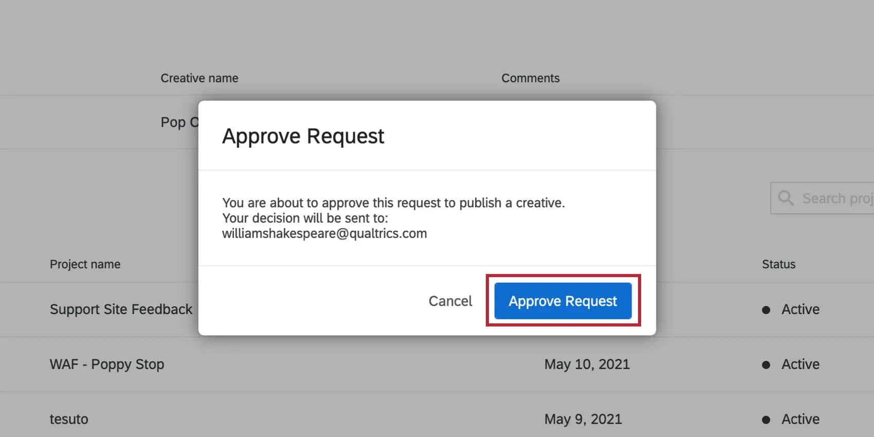 Approve Request button is indicated in the Approve Request window
