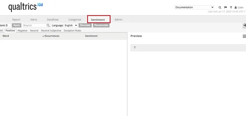 the sentiment tab in designer