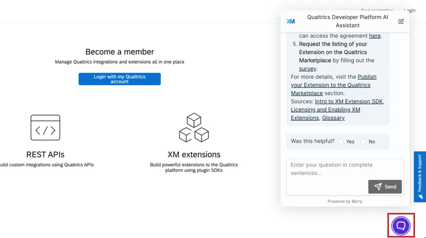 clicking the chatbot icon in the bottom right of the dev portal