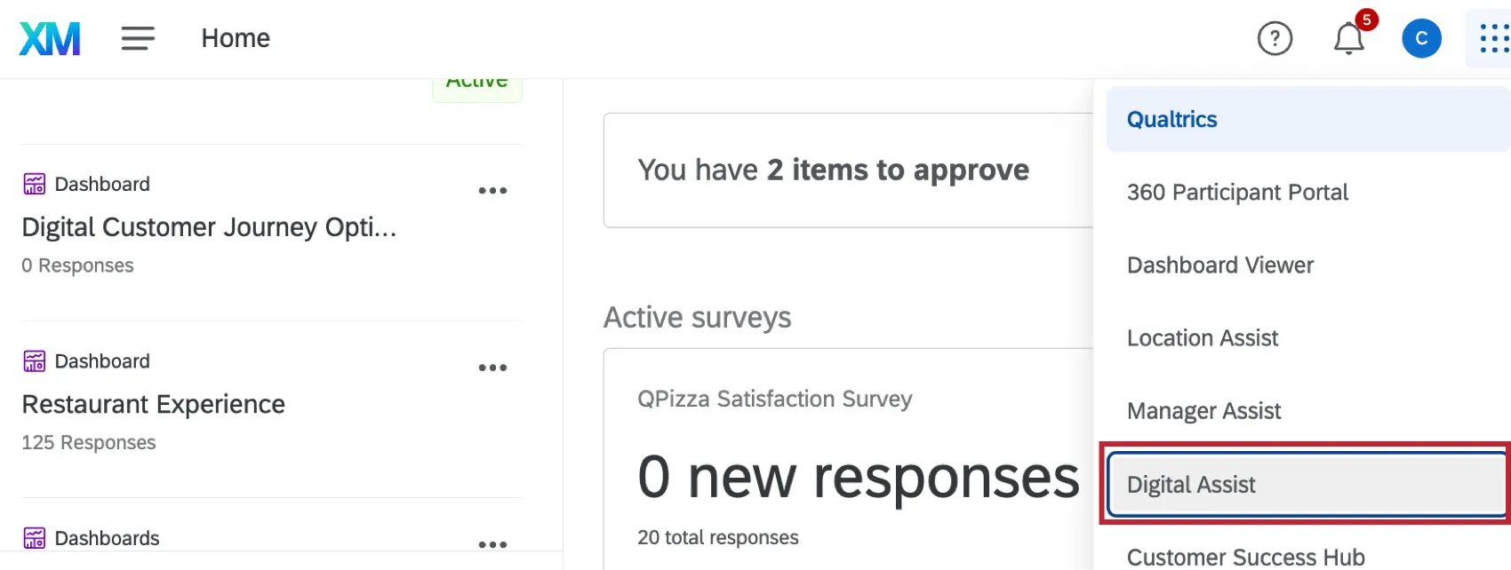 右上のナビゲーションメニューのクリック時に、利用可能なオプションから強調表示されたデジタルアシスト