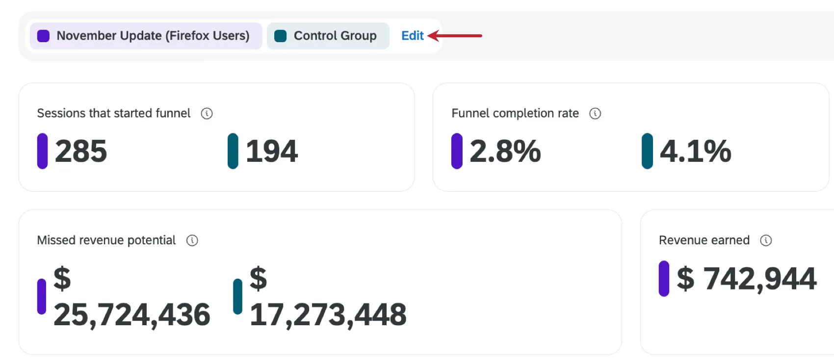 "Edit" button to modify a filter