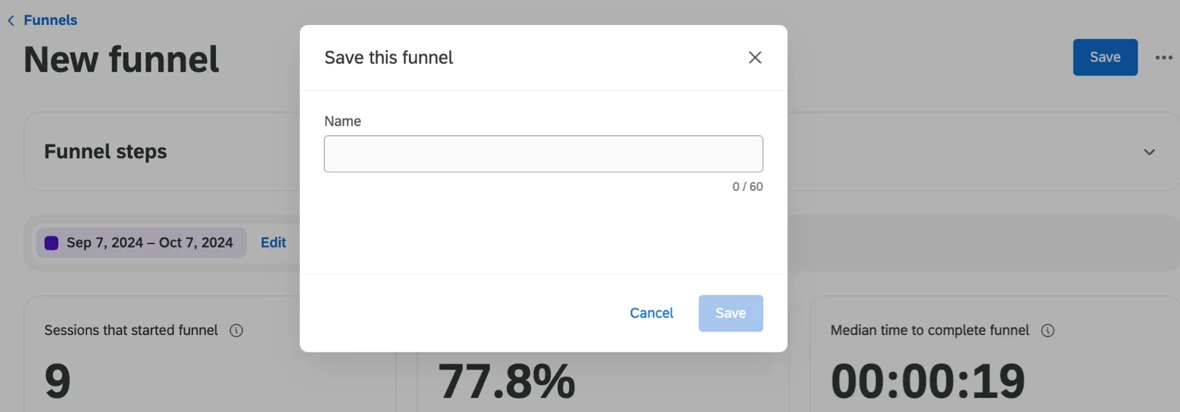 pop up para nomear e salvar um funil