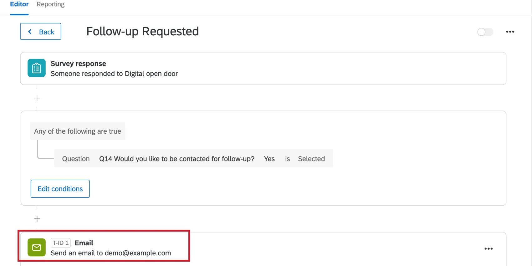 Action is open, green email icon towards bottom